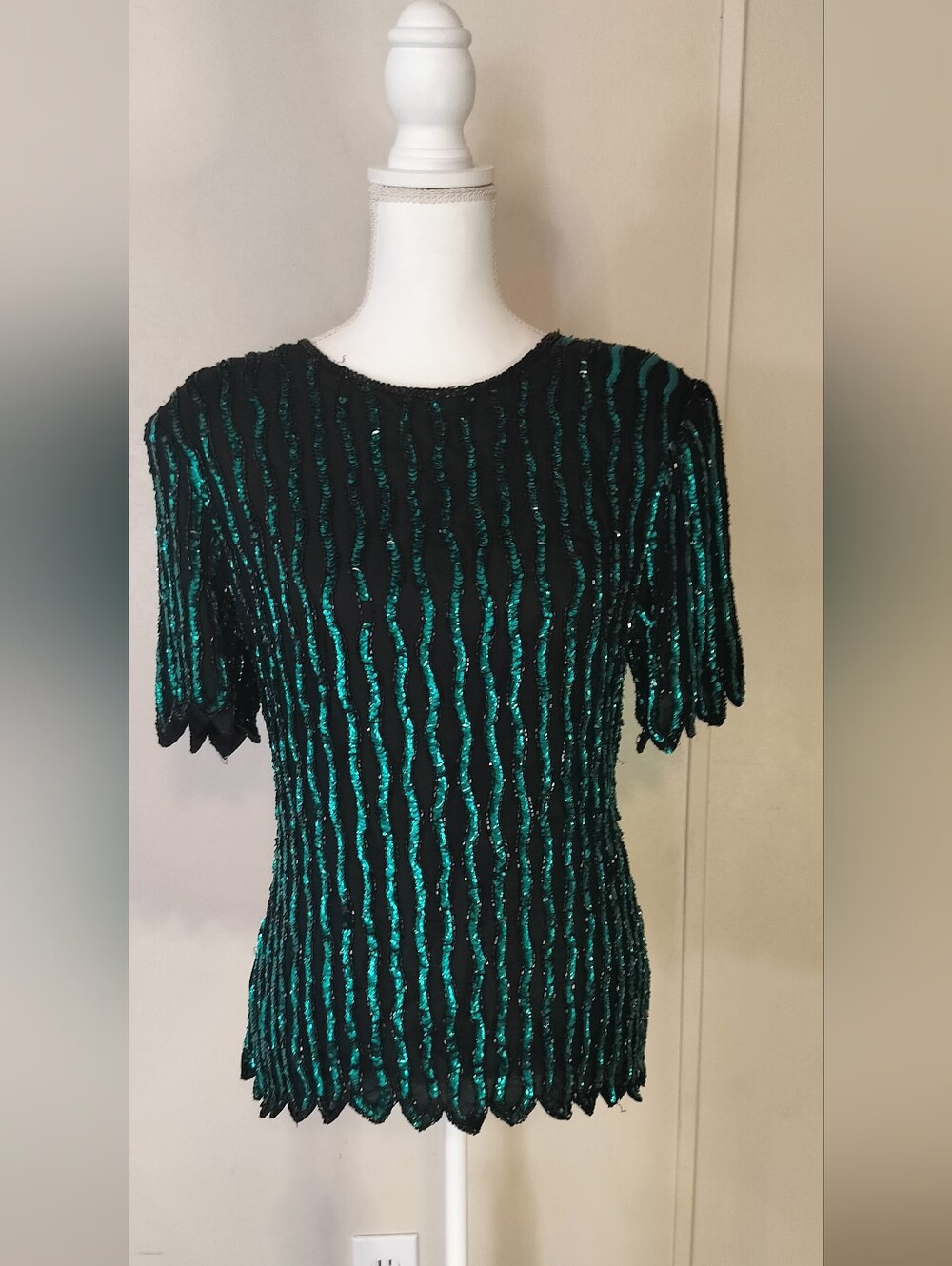 Laurence Kazar Black Top with Emerald Sequin Waves